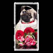 Coque Sony Xperia M2 Chiot et fleurs rouges